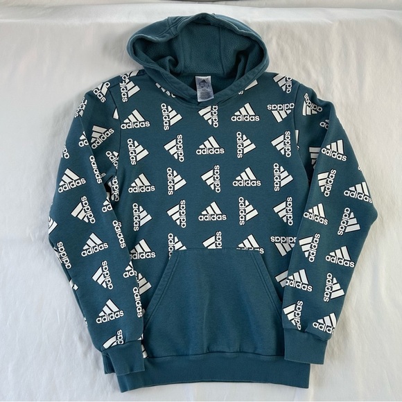Adidas Fleece Hoodie Sweatshirt Mens Blue/Teal All Over Print Fleece Sz S - EUC - Picture 1 of 9